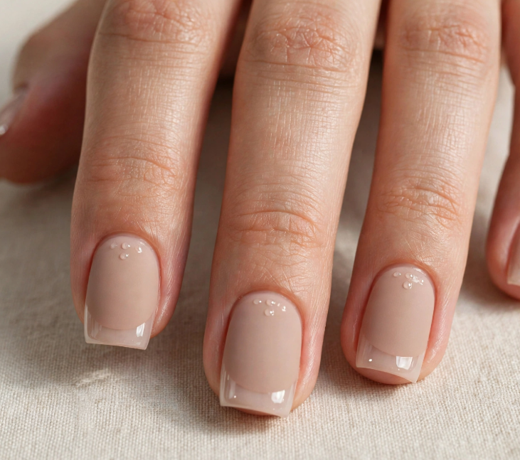 Easy nail designs for short nails: A close-up view of short, squared-off nails styled with a clean nude and sheer French manicure base, accented with tiny, delicate white dots near the cuticles.