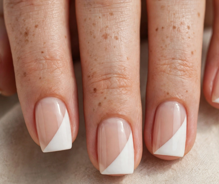 Easy nail designs for short nails: A close-up view of short, squared-off nails featuring a clean nude base with a modern, diagonal white geometric tip design.