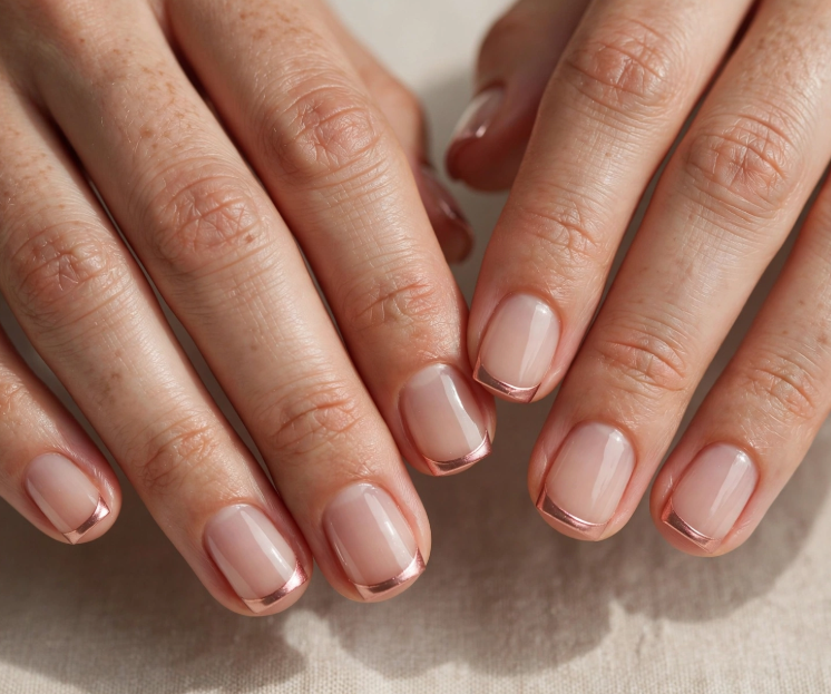 Easy nail designs for short nails: A close-up of short, squared-off nails featuring a clean nude base with sleek, metallic copper French tips on both hands.