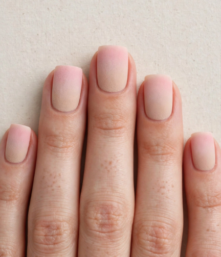 Easy nail designs for short nails: A close-up of short, squared-off nails featuring a smooth, matte ombre fade from a soft neutral base to a gentle pink tip.