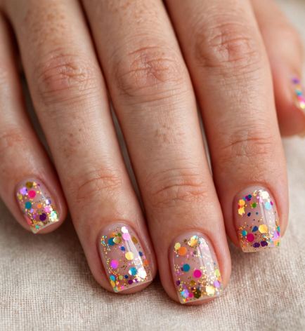 Easy nail designs for short nails: A close-up view of short, squared-off nails featuring a clear nude base adorned with vibrant, colorful confetti glitter pieces and fine gold sparkle flakes concentrated at the tips.
