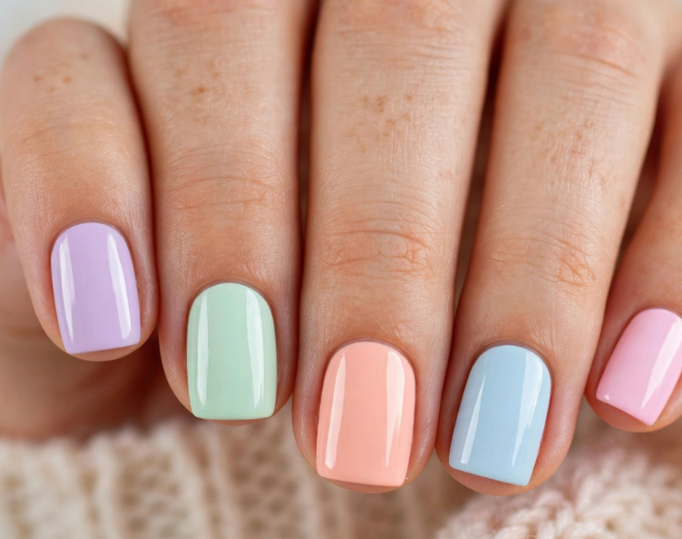 Easy nail designs for short nails: A close-up view of short, squared-off nails featuring a glossy multicolor manicure with a different soft pastel shade on each nail, including lavender, mint green, peach, baby blue, and pink.