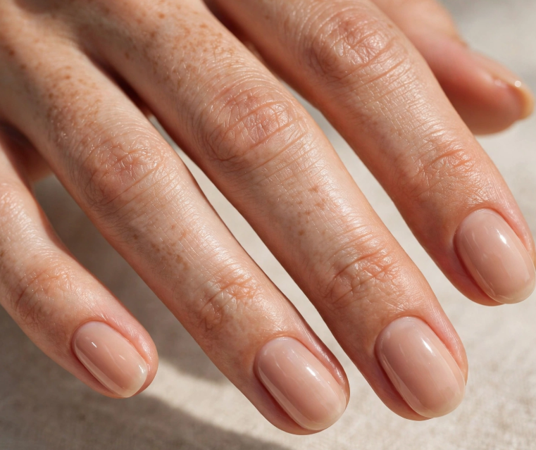 Close-up of nail designs for short nail beds featuring a clean, glossy nude manicure with rounded short nails.