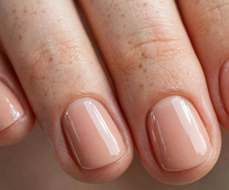 Macro shot featuring nail designs for short nail beds with a glossy, neutral beige-pink manicure on short, rounded nails.