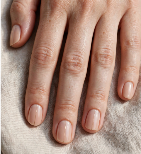 Overhead view of nail designs for short nail beds featuring short, rounded nude nails accented with a minimal vertical metallic stripe