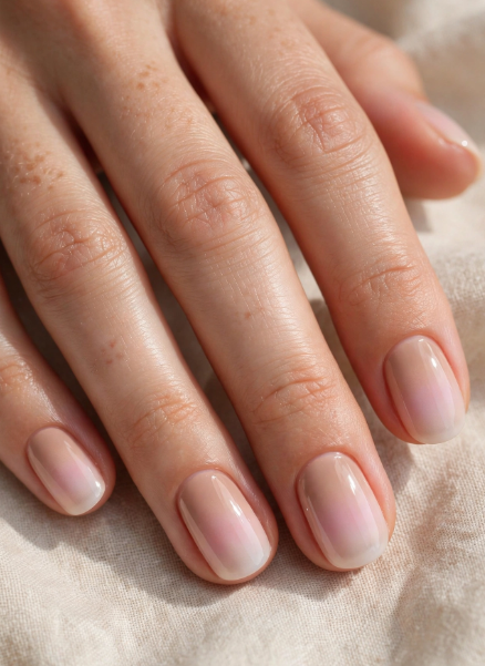 Close-up of nail designs for short nail beds showcasing a soft, subtle ombré or baby boomer gradient on short, rounded nails.