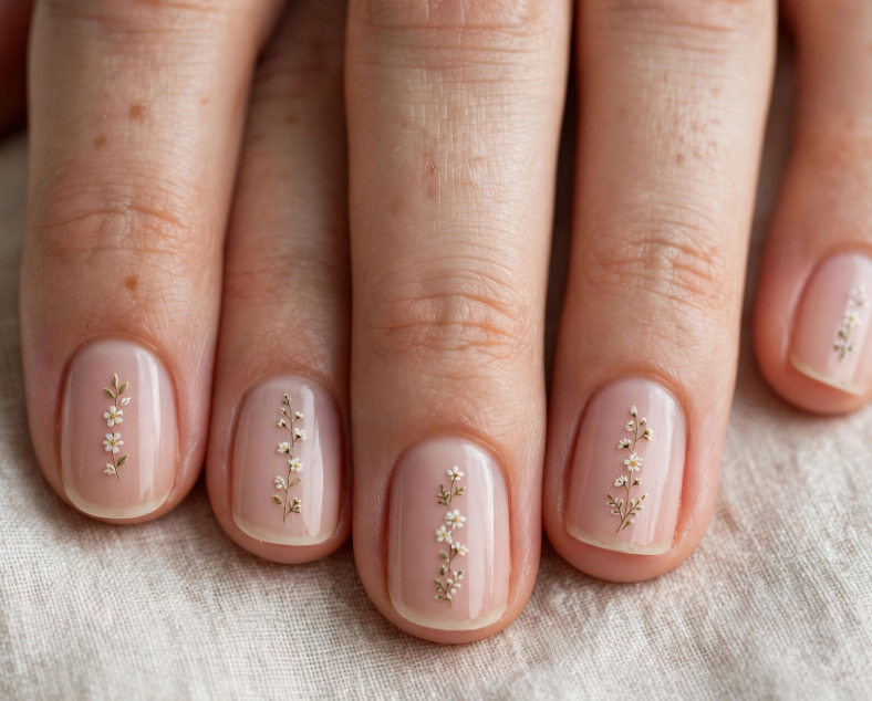 Close-up of nail designs for short nail beds showcasing a sheer neutral base decorated with delicate vertical white floral vine patterns on short, rounded nails.