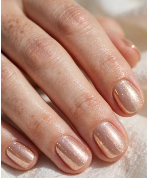 Close-up of nail designs for short nail beds featuring a shimmering, metallic champagne glaze on short, rounded nails.