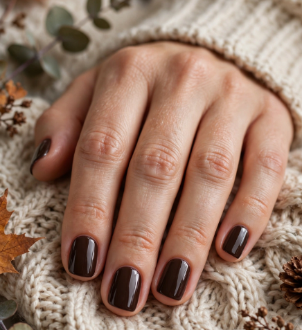 Close-up of nail designs for short nail beds featuring a glossy, rich dark brown manicure on short square-rounded nails resting on a cozy knitted sweater.
