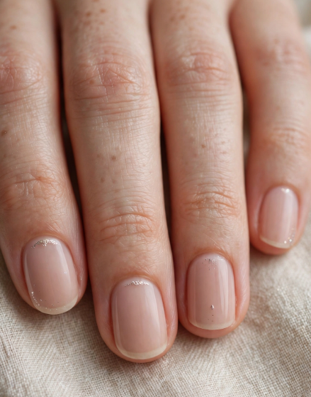 Close-up of nail designs for short nail beds showcasing a sheer nude base with delicate micro-glitter or silver foil accents along the cuticles on short, rounded nails.