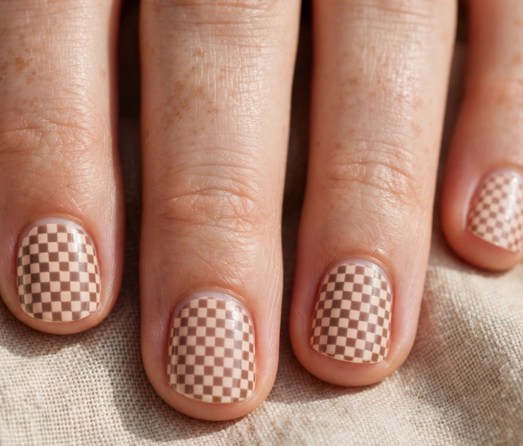 Close-up of nail designs for short nail beds featuring a brown and nude checkerboard pattern on short, squared-rounded nails.