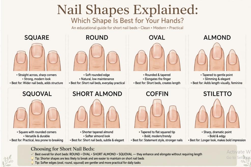 Best nail shape for your hands: square, round, oval, almond, squoval, short almond, coffin, and stiletto nail shapes explained.