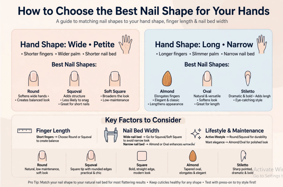 Best nail shape for your hands, showing round, squoval, soft square, almond, oval, and stiletto shapes for different hand and finger types.