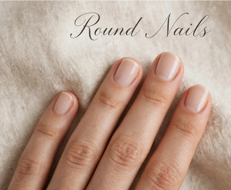 Close-up of short, rounded nails with a clean, glossy nude manicure against a textured neutral fabric background, featuring the title "Round Nails" at the top.
