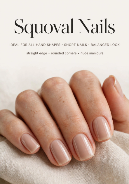Close-up of nail designs for short nail beds showcasing a clean, glossy nude manicure with squoval nails featuring straight edges and rounded corners, overlaid with the title "Squoval Nails".