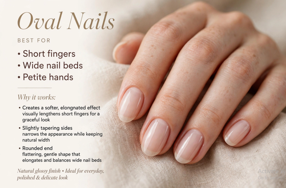 Close-up of nail designs for short nail beds showcasing a clean, glossy nude manicure with oval-shaped nails, accompanied by text detailing why oval nails are best for short fingers, wide nail beds, and petite hands.