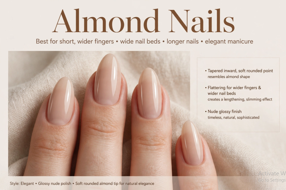 Close-up of nail designs for short nail beds showcasing elegant, glossy nude almond-shaped nails that taper to a soft rounded point, accompanied by text detailing why almond nails are ideal for short, wider fingers and wide nail beds.