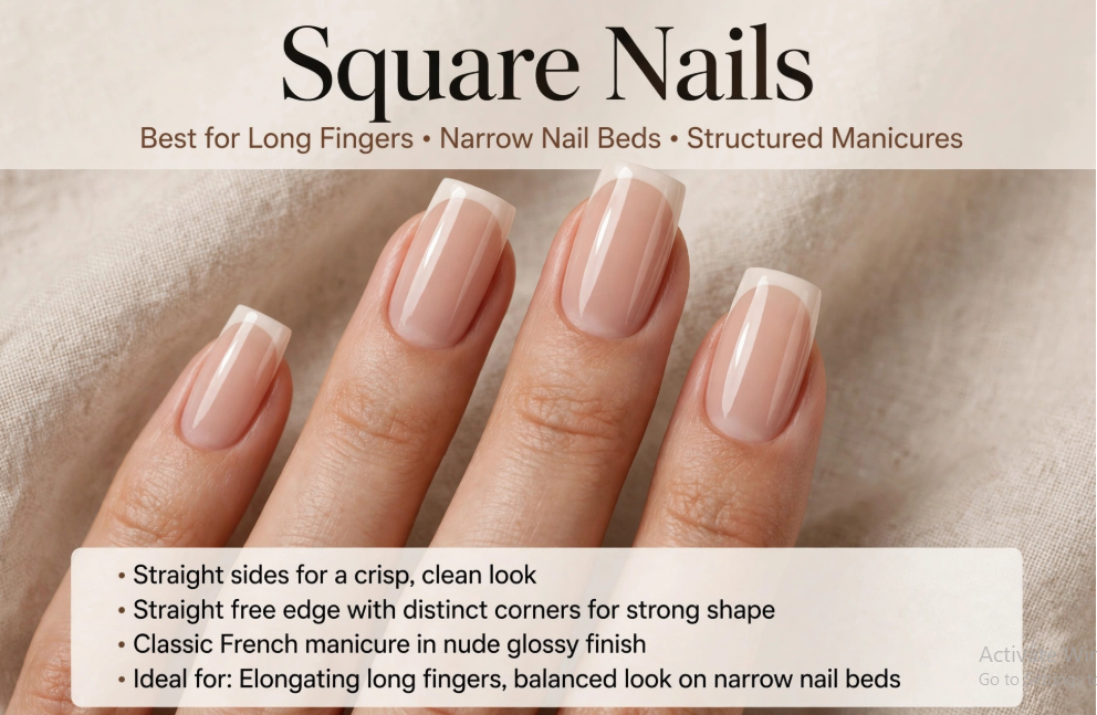 Close-up of nail designs for short nail beds featuring a classic French manicure with a glossy nude base and crisp white tips on square-shaped nails with straight sides and distinct corners, accompanied by text detailing why square nails are best for long fingers and narrow nail beds.