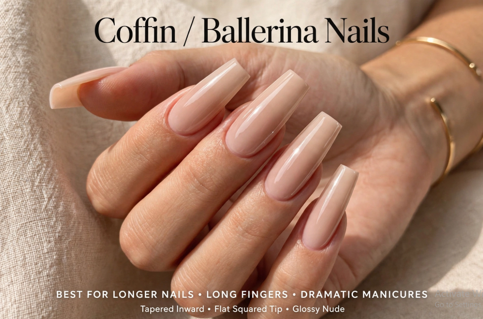 Close-up of coffin or ballerina style nails featuring a glossy nude polish with tapered inward sides and a flat squared tip, overlaid with text stating it is best for longer nails, long fingers, and dramatic manicures.