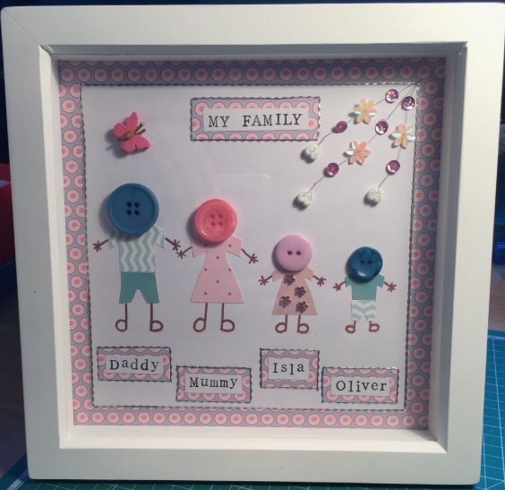 30 Creative DIY Button Crafts to Turn Spare Buttons Into Beautiful Decor A personalized framed family portrait featuring figures created with patterned paper clothing, drawn stick limbs, and colorful button heads, complete with printed name labels for each family member, showcasing DIY button crafts.