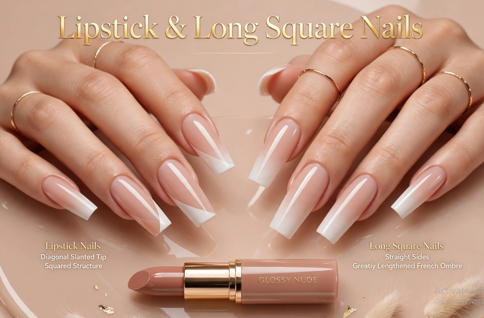 Close-up of lipstick and long square nails featuring diagonal slanted tips on one hand and a greatly lengthened French ombré on straight sides for the other, displayed alongside a tube of glossy nude lipstick and overlaid with the title "Lipstick & Long Square Nails".