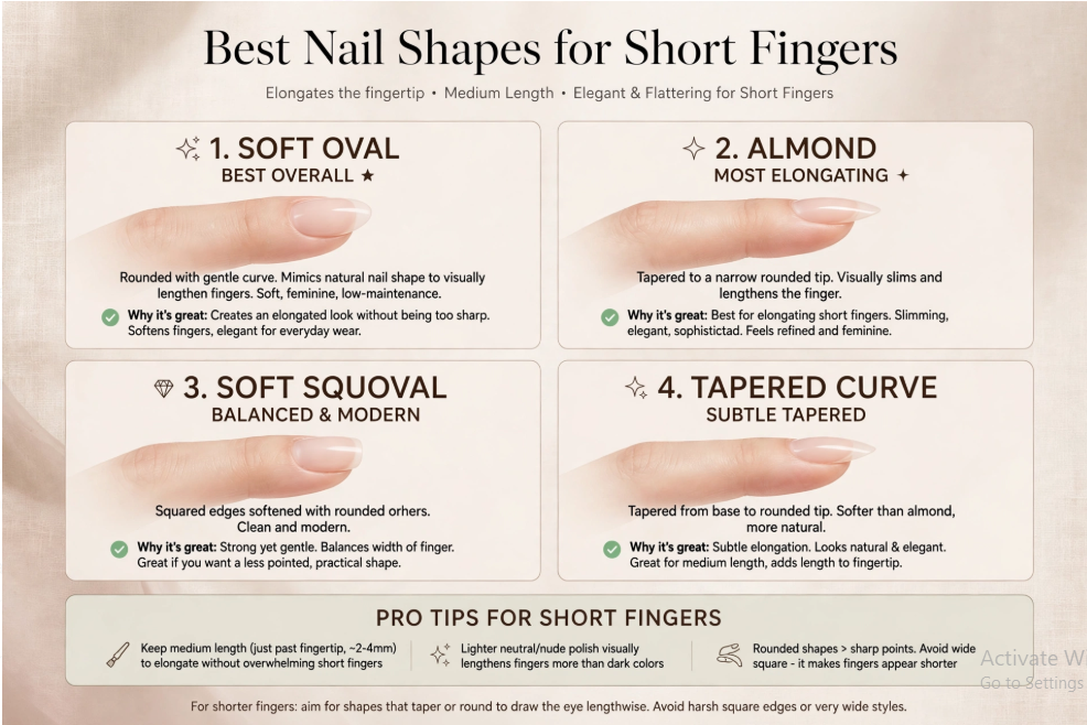 An informational graphic titled "Best Nail Shapes for Short Fingers" featuring four recommended styles—soft oval, almond, soft squoval, and tapered curve—along with pro tips on lengths, colors, and shapes to avoid.
