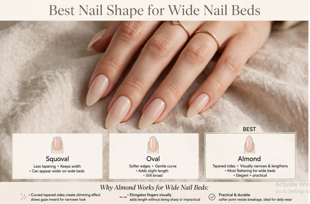 An informational graphic titled "Best Nail Shape for Wide Nail Beds" highlighting almond nails as the best option, featuring tapered sides that visually narrow and lengthen the nail, accompanied by details on squoval and oval shapes and why almond works best.