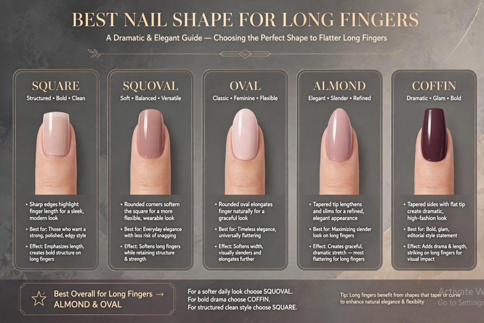 An informational graphic titled "Best Nail Shape for Long Fingers" outlining recommended styles like square, squoval, oval, almond, and coffin, highlighting almond and oval as the best overall choices for long fingers.