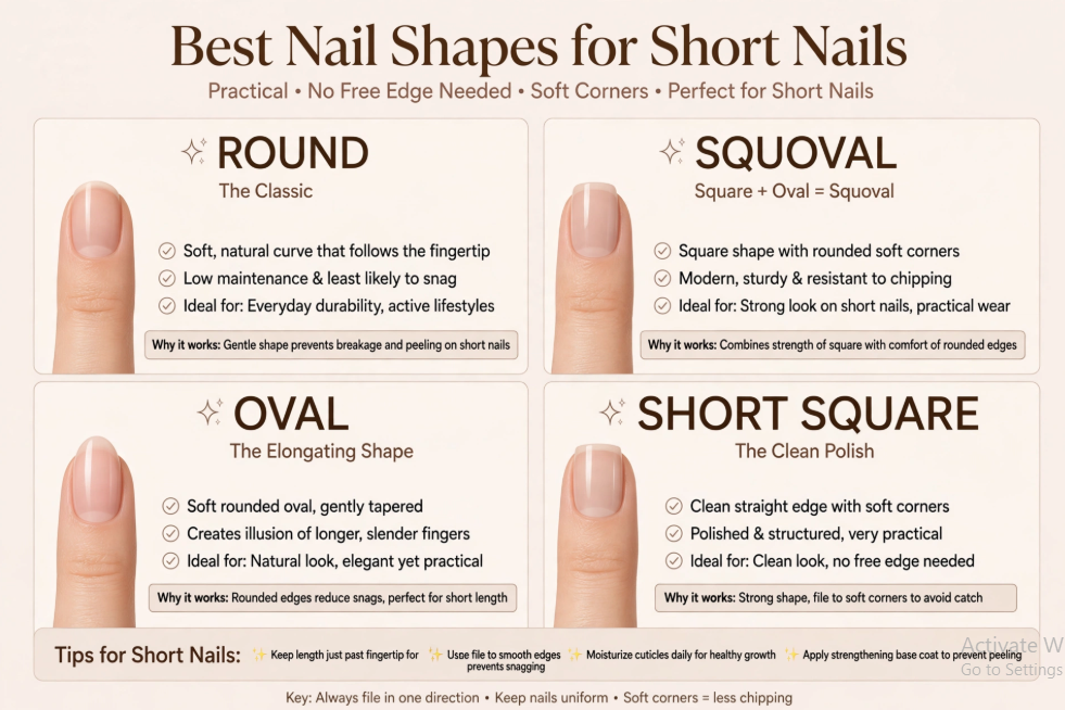 An informational graphic titled "Best Nail Shapes for Short Nails" detailing recommended styles including round, squoval, oval, and short square, along with practical tips for maintenance and durability.