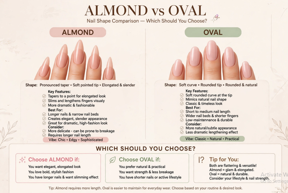 An informational comparison graphic titled "Almond vs Oval" detailing the key features, best uses, and considerations for both almond and oval nail shapes, complete with visual examples and decision-making tips.