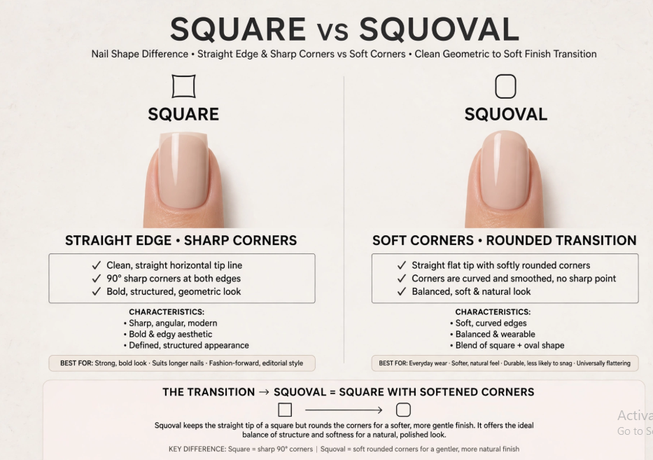 An informational comparison graphic titled "Square vs Squoval" highlighting the differences between square nails, which feature straight edges and sharp 90-degree corners, and squoval nails, which combine a straight tip with softly rounded corners for a balanced, natural look.