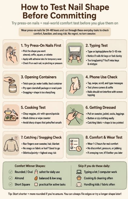 An informational guide titled "How to Test Nail Shape Before Committing" detailing an 8-step process using press-on nails for a real-world comfort and function test, covering typing, opening containers, phone use, cooking, getting dressed, and snag checks before finalizing your choice.