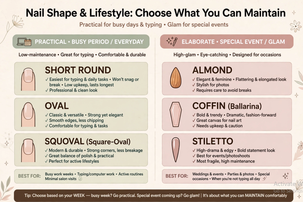 An informational comparison graphic titled "Nail Shape & Lifestyle: Choose What You Can Maintain" categorizing nail shapes into practical everyday styles (short round, oval, squoval) and elaborate glamour styles (almond, coffin, stiletto) based on daily routines, typing needs, and maintenance levels.