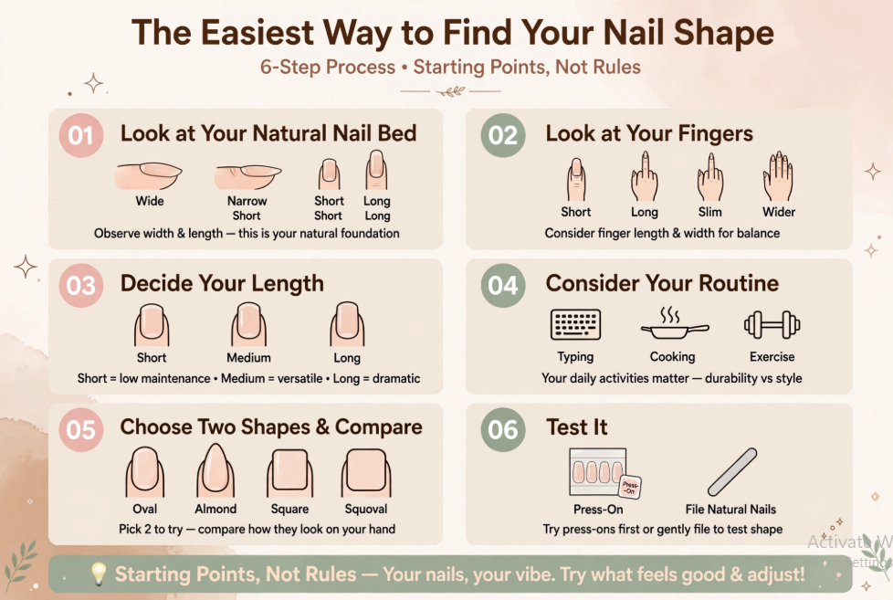 An informational guide titled "The Easiest Way to Find Your Nail Shape" outlining a 6-step process that covers observing natural nail beds, evaluating finger length and width, choosing length, factoring in daily routines like typing or cooking, comparing two shapes, and testing them out using press-ons or gentle filing.