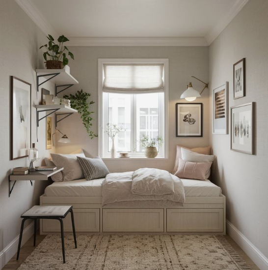 Small Bedroom Layout Ideas: How to Arrange Furniture in a Tiny Room Small bedroom layout idea featuring a compact platform bed nestled beneath a window, built-in under-bed storage drawers, floating shelves, and a gallery wall.