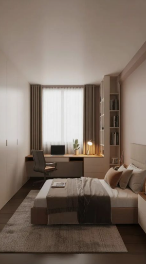 Small Bedroom Layout Ideas: How to Arrange Furniture in a Tiny Room Small bedroom layout idea featuring a bed paired with a built-in window desk workspace, tall vertical bookshelves, full-wall wardrobes, and a neutral area rug.