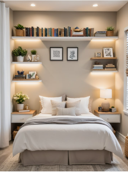 Small Bedroom Layout Ideas: How to Arrange Furniture in a Tiny Room Small bedroom layout idea featuring a bed centered beneath wall-to-wall floating shelves with under-cabinet lighting, framed art prints, and matching floating nightstands.