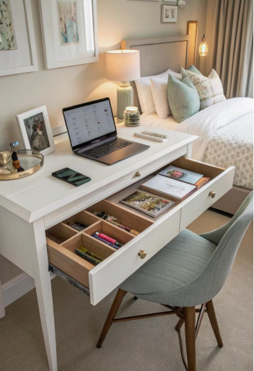 Small Bedroom Layout Ideas: How to Arrange Furniture in a Tiny Room Small bedroom layout idea featuring a white desk workspace with organized drawers, a laptop, and a coordinating mint green chair positioned near a neutral bed.