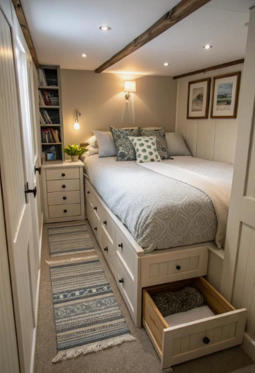 Small Bedroom Layout Ideas: How to Arrange Furniture in a Tiny Room Small bedroom layout idea featuring a platform bed with built-in storage drawers, a tall vertical bookshelf, and narrow runner rugs in a compact space.