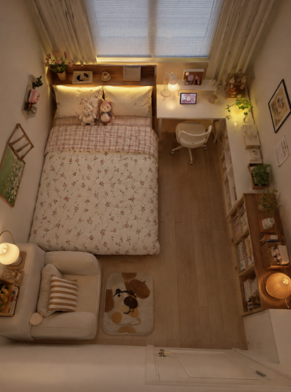 Small Bedroom Layout Ideas: How to Arrange Furniture in a Tiny Room Small bedroom layout idea featuring an overhead view of a cozy bed, a built-in study desk under the window, open shelving, and a small armchair on a patterned rug.