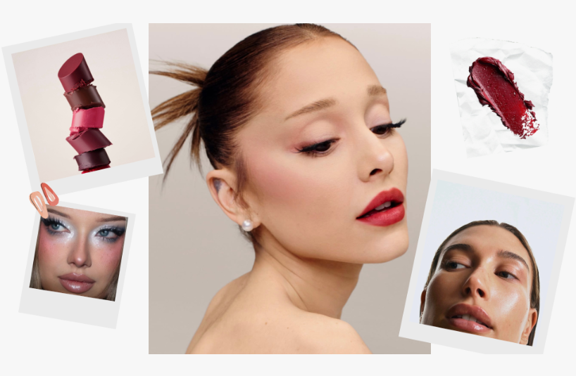 Model with soft-focus skin and a statement lip demonstrating Fall 2026 Beauty Trends alongside multiple lipstick shades.