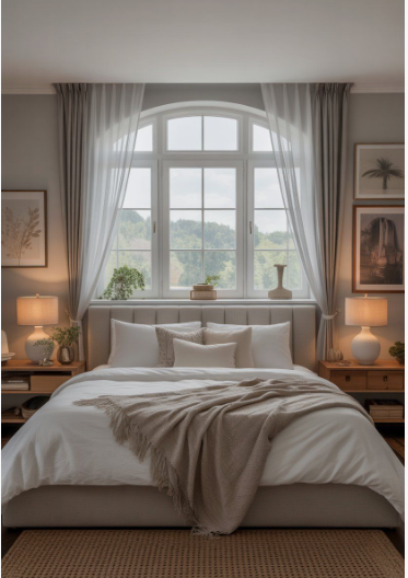 Small Bedroom Layout Ideas: How to Arrange Furniture in a Tiny Room Small bedroom layout idea featuring a neutral upholstered bed centered beneath a large arched window with layered curtains, flanked by matching nightstands with lamps.