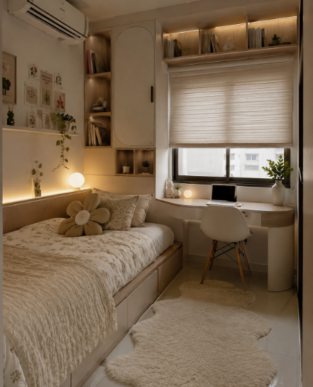 Small Bedroom Layout Ideas: How to Arrange Furniture in a Tiny Room Small bedroom layout idea featuring a platform bed with built-in storage, custom wall cabinets, integrated open shelving, and a compact study desk underneath a window.
