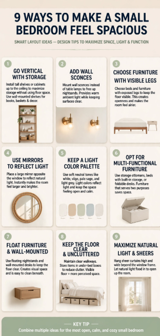 Small Bedroom Layout Ideas: How to Arrange Furniture in a Tiny Room Small bedroom layout idea infographic showcasing nine smart design tips, including going vertical with storage, adding wall sconces, choosing furniture with visible legs, using mirrors, and opting for multi-functional furniture.