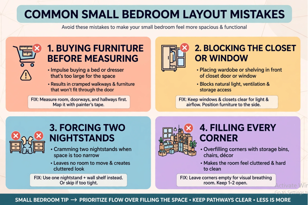 Small Bedroom Layout Ideas: How to Arrange Furniture in a Tiny Room Small bedroom layout idea infographic highlighting common mistakes to avoid, such as buying furniture before measuring, blocking closets or windows, forcing two nightstands, and filling every corner.