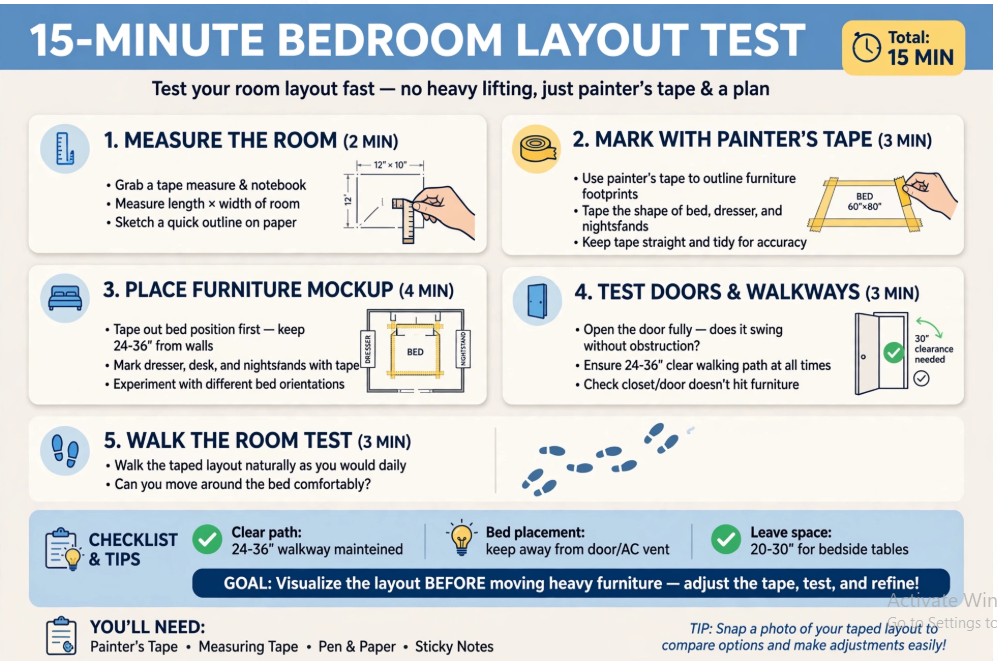 Small Bedroom Layout Ideas: How to Arrange Furniture in a Tiny Room Small bedroom layout idea infographic outlining a quick 15-minute room layout test using painter's tape, including steps to measure, outline furniture, test doors, and check walkways.