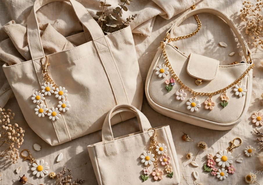 DIY clay bag charms showcasing handmade white and yellow daisy floral charms attached to neutral canvas tote and shoulder bags.