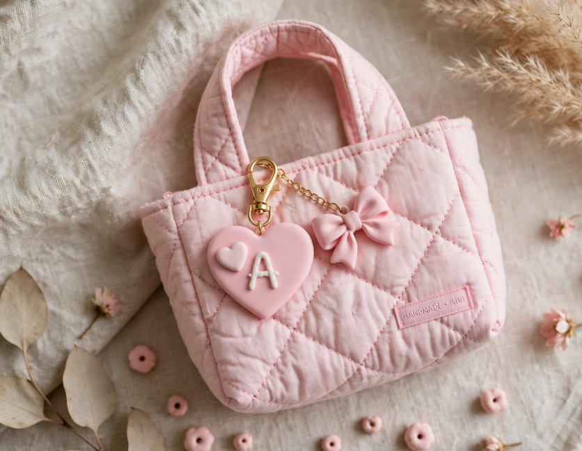 DIY clay bag charms featuring a pink heart with the letter "A" and a matching bow attached to a quilted light pink mini tote bag.