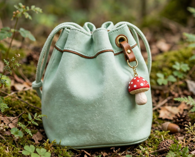 DIY clay bag charms featuring a cute handmade red-and-white toadstool mushroom charm attached to a light green canvas bucket bag resting on forest ground