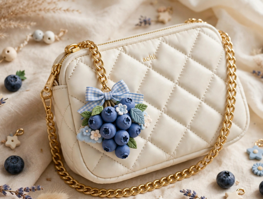 DIY clay bag charms featuring a cluster of handmade blueberries with green leaves and a blue gingham bow attached to a quilted cream-colored shoulder bag.